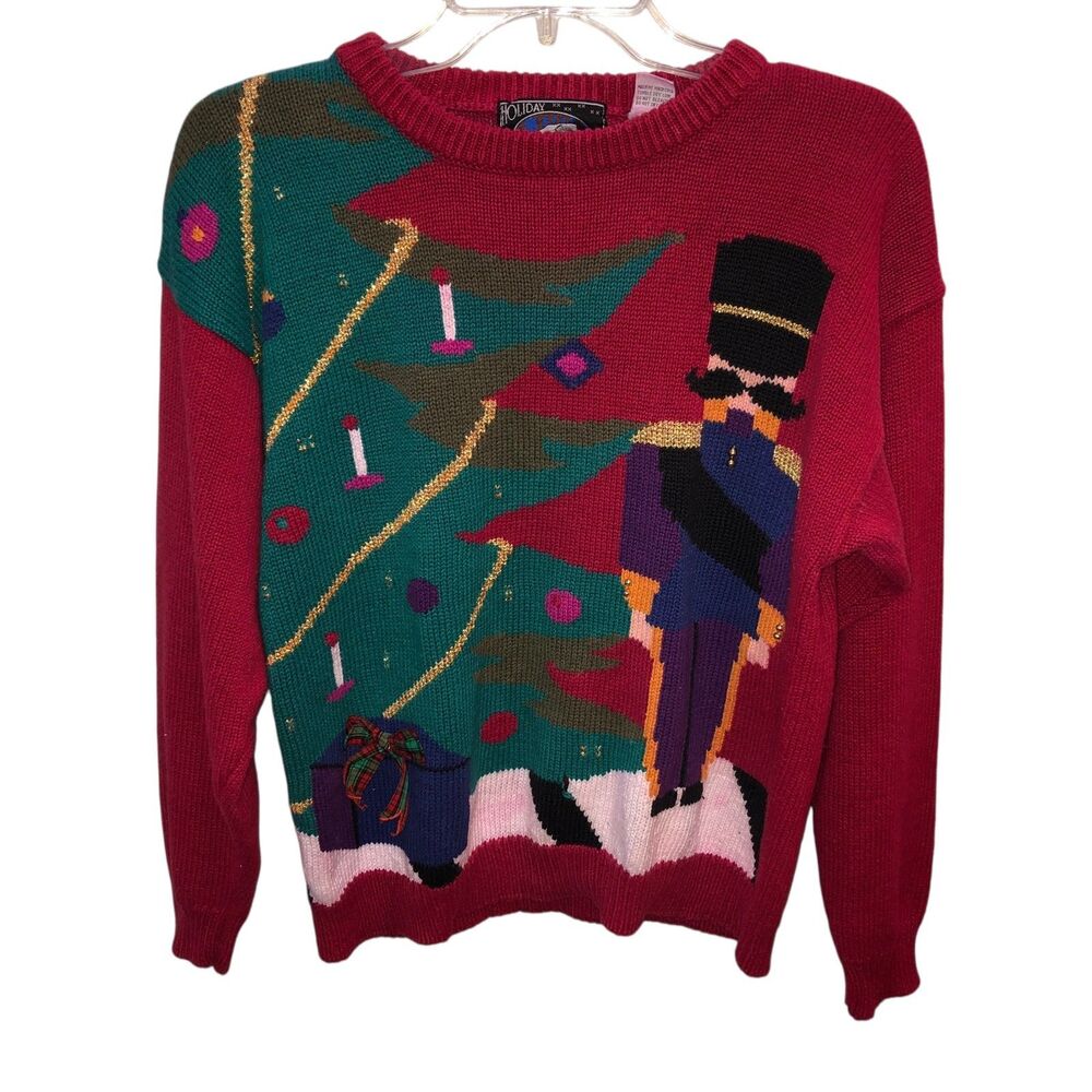 Vintage Holiday Traditions Womens Medium Red Christmas Nutcracker Sweater Sz M